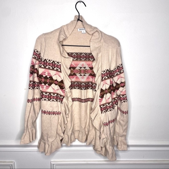Pendleton Ruffle Trim Pink Brown Tan Aztec Southwest Cotton Cardigan Womens M - Picture 1 of 8